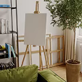 Bright Living Room Interior with Green Sofa Bookshelf Easel and Large Potted Plant