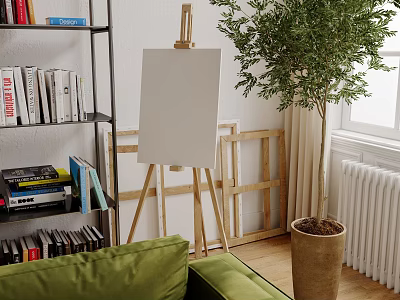 Bright Living Room Interior with Green Sofa Bookshelf Easel and Large Potted Plant 3d model