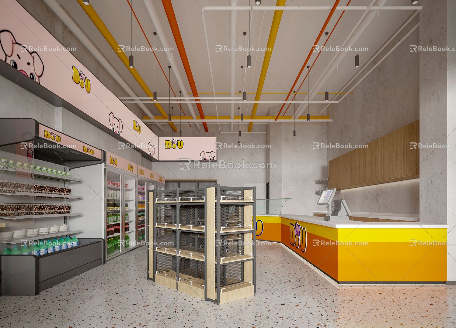 Modern supermarket orange department small supermarket 3d model