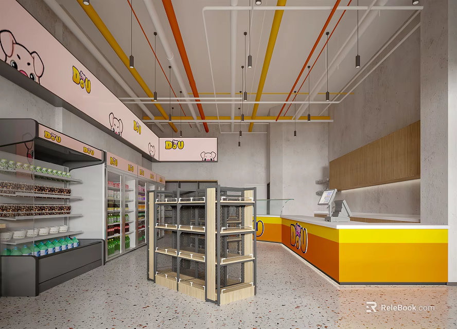 Modern Supermarket Interior Design With Shelves Beverage Coolers And Checkout Counter 3d model 
