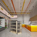 Modern Supermarket Interior Design With Shelves Beverage Coolers And Checkout Counter