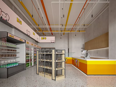 Modern Supermarket Interior Design With Shelves Beverage Coolers And Checkout Counter 3d model