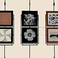 Six Abstract Paintings On Wall With Geometric Lines Plant Patterns And Textures