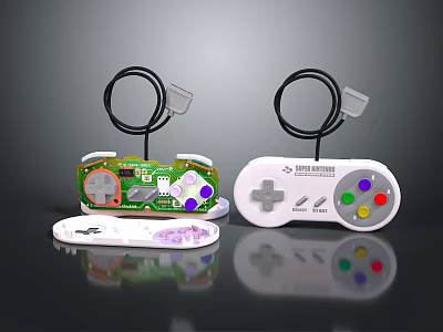 Retro Electronic Gaming Controllers With Exposed Circuit Board And White Green Purple Design 3d model