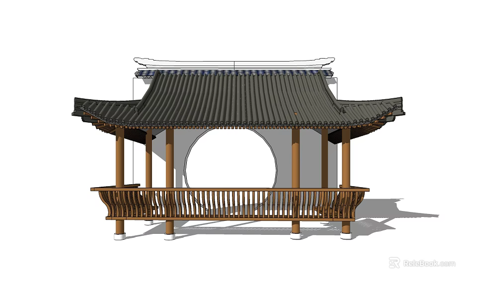 Traditional Chinese Pavilion With Black Tiled Roof Wooden Pillars And Circular Opening 3d model 