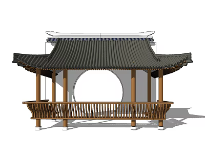 Traditional Chinese Pavilion With Black Tiled Roof Wooden Pillars And Circular Opening 3d model