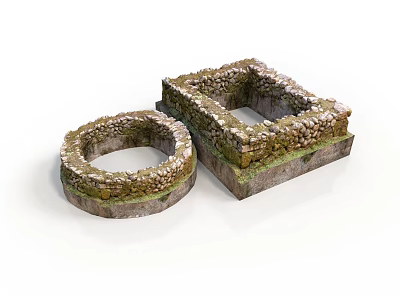 Ancient Stone Scene Components With Circular And Square Textured Mossy Structures 3d model