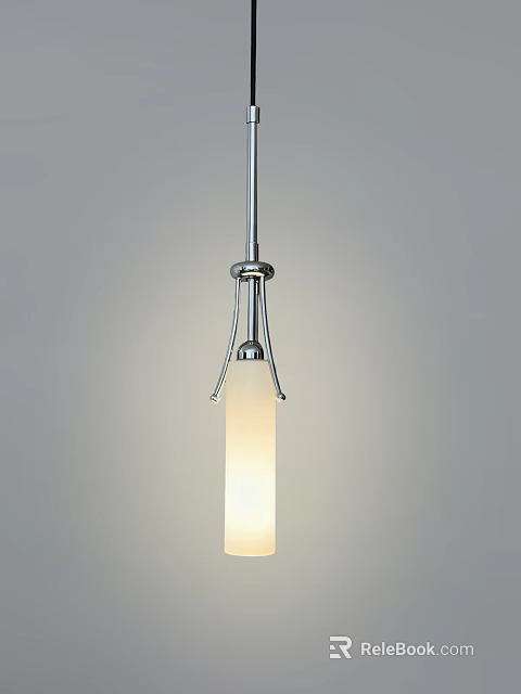 Contemporary Chrome Pendant Light With Cylindrical White Illuminated Shade Hanging From Ceiling 3d model 