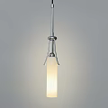 Contemporary Chrome Pendant Light With Cylindrical White Illuminated Shade Hanging From Ceiling
