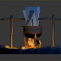 Traditional Outdoor Cooking Pot With Hanging Wooden Frame And Stone Base Over Fire