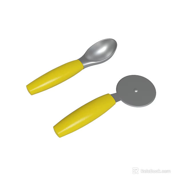 Kitchen Tools With Yellow Handles Including Spoon And Pizza Cutter 3d model 