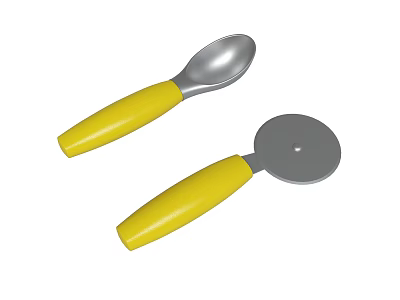 Kitchen Tools With Yellow Handles Including Spoon And Pizza Cutter 3d model