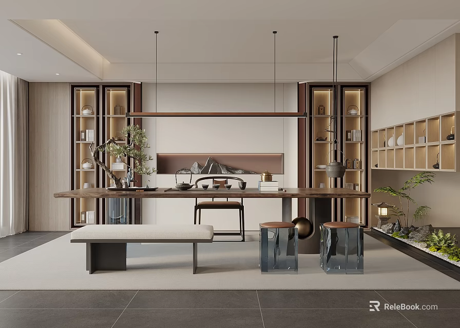Modern Chinese Style Tea Room With Long Table Seating And Plants 3d model 