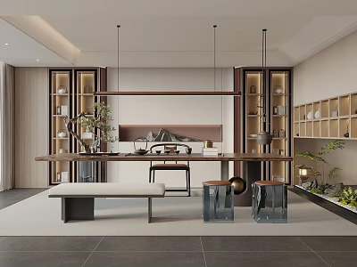 Modern Chinese Style Tea Room With Long Table Seating And Plants 3d model