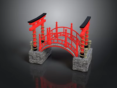 Red Japanese Style Bridge With Black Roofs Stone Bases And Ornate Railings 3d model