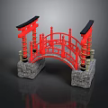 Red Japanese Style Bridge With Black Roofs Stone Bases And Ornate Railings