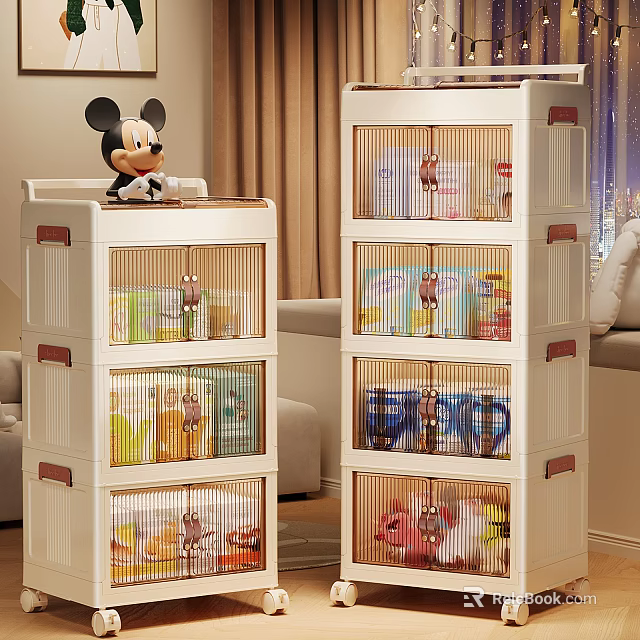 White Multi Layer Storage Cabinets With Mickey Mouse Doll Books And Toys In Living Room 3d model 