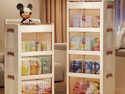 White Multi Layer Storage Cabinets With Mickey Mouse Doll Books And Toys In Living Room 3d model