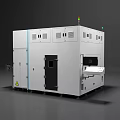 Industrial White Equipment Machine With Control Panels Indicator Lights And Warning Sign