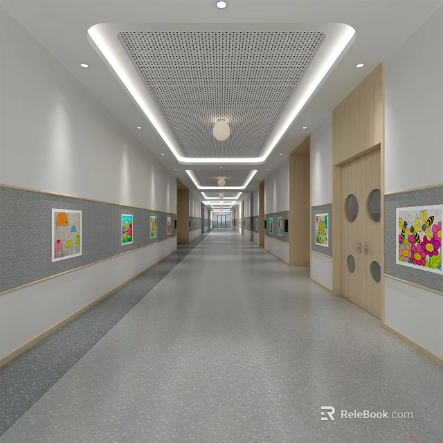 Spacious Modern Elevator Hallway With Colorful Paintings Gray Flooring And Bright Lighting 3d model 