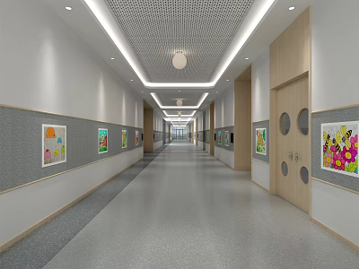 Spacious Modern Elevator Hallway With Colorful Paintings Gray Flooring And Bright Lighting 3d model