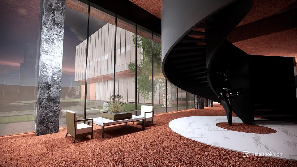 Modern Interior With Spiral Staircase Large Windows Red Carpet Marble Walls Sofa And Coffee Table 3d model 