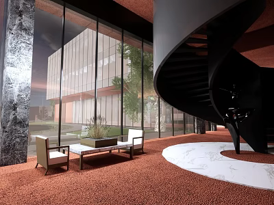 Modern Interior With Spiral Staircase Large Windows Red Carpet Marble Walls Sofa And Coffee Table 3d model