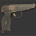 Vintage Pistol With Bronze Metallic Finish Engraved Details And Diamond Patterned Grip