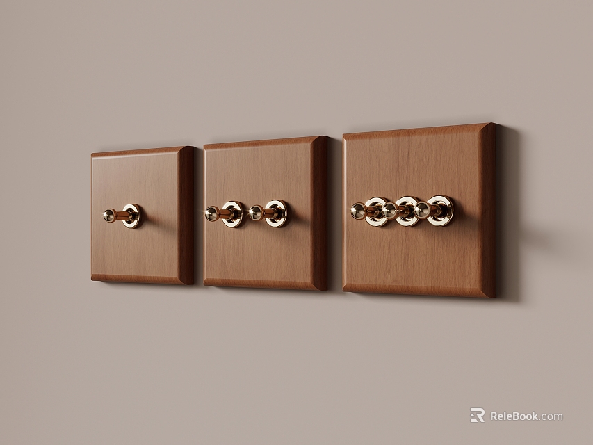 Three Brown Wooden Decorative Panels With Metal Knobs Mounted On Wall 3d model 