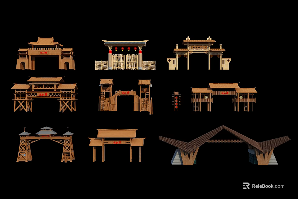 Traditional Chinese Wooden Entrance Gates With Various Architectural Designs And Roof Structures 3d model 