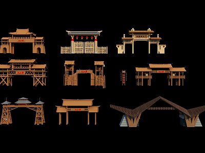 Traditional Chinese Wooden Entrance Gates With Various Architectural Designs And Roof Structures 3d model