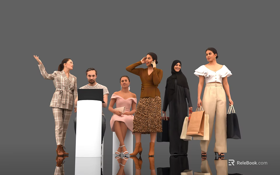 Group of Diverse People in Various Poses Interacting Using Tablet Talking on Phone Holding Shopping Bags 3d model 