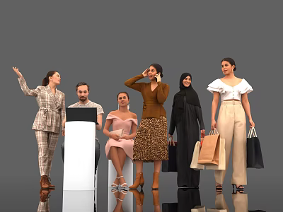 Group of Diverse People in Various Poses Interacting Using Tablet Talking on Phone Holding Shopping Bags 3d model