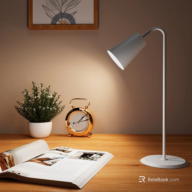Sleek White Modern Desk Lamp with Metal Stand on Wooden Table and Golden Alarm Clock 3d model 