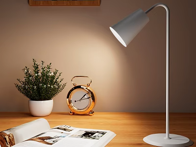 Sleek White Modern Desk Lamp with Metal Stand on Wooden Table and Golden Alarm Clock 3d model