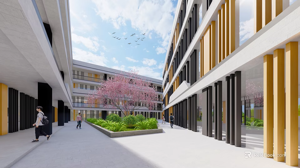 Modern School Building With Glass Facade Open Campus Courtyard Green Plants Flowering Tree And Pedestrians 3d model 