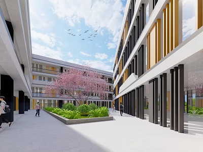 Modern School Building With Glass Facade Open Campus Courtyard Green Plants Flowering Tree And Pedestrians 3d model