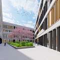 Modern School Building With Glass Facade Open Campus Courtyard Green Plants Flowering Tree And Pedestrians