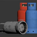 Red Blue And Silver Gas Cylinders As Storage Containers On Black Surface