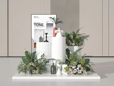 Elegant Floral Display Stand With White Cylindrical Decor Greenery And Vases 3d model