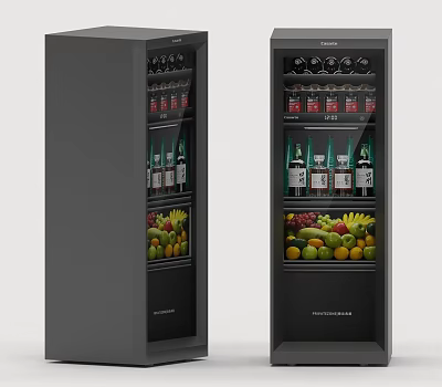 Black Glass Door Upright Refrigerator Freezer With Bottled Beverages And Fresh Fruits 3d model