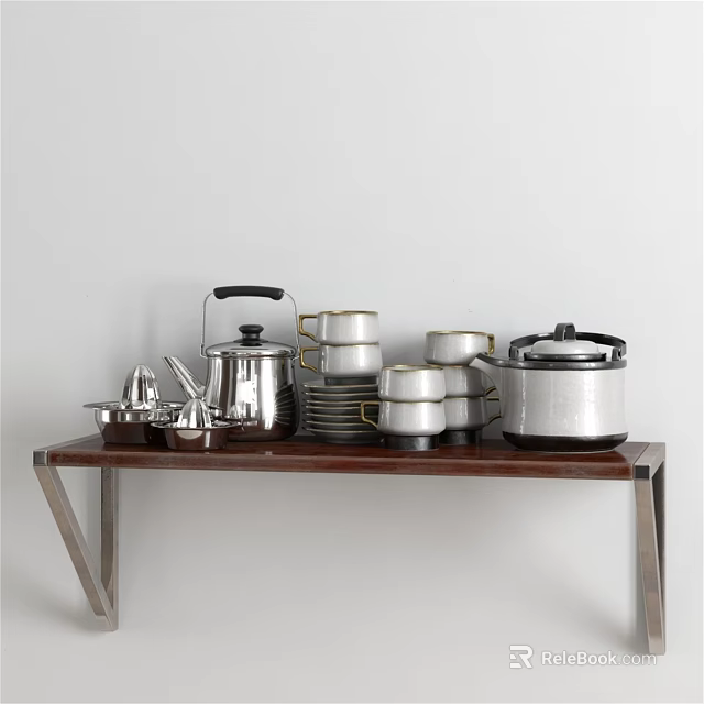 Modern Stainless Steel Cookware Collection With Teapot Pots Bowls And Plates On Wooden Shelf 3d model 