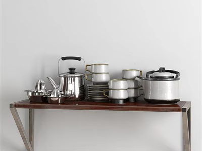 Modern Stainless Steel Cookware Collection With Teapot Pots Bowls And Plates On Wooden Shelf 3d model