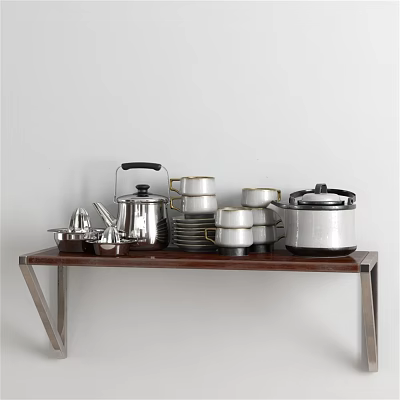 Modern Stainless Steel Cookware Collection With Teapot Pots Bowls And Plates On Wooden Shelf 3d model