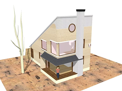 Modern Wooden House With Sloped Roof Chimney And Front Porch On Sandy Ground 3d model