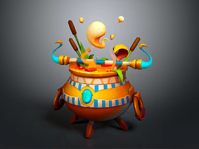 Vibrant Orange Blue Cooking Pot With Splashing Ingredients And Stewing Food 3d model