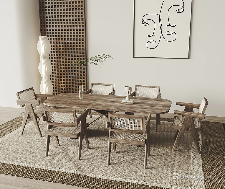 Modern Wooden Dining Table Set With Chairs Bench Decorative Painting And Perforated Screen 3d model 