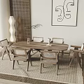 Modern Wooden Dining Table Set With Chairs Bench Decorative Painting And Perforated Screen
