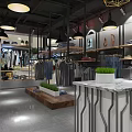 Modern Clothing Store Interior With Clothes On Hangers Wooden Display Table And Green Plants
