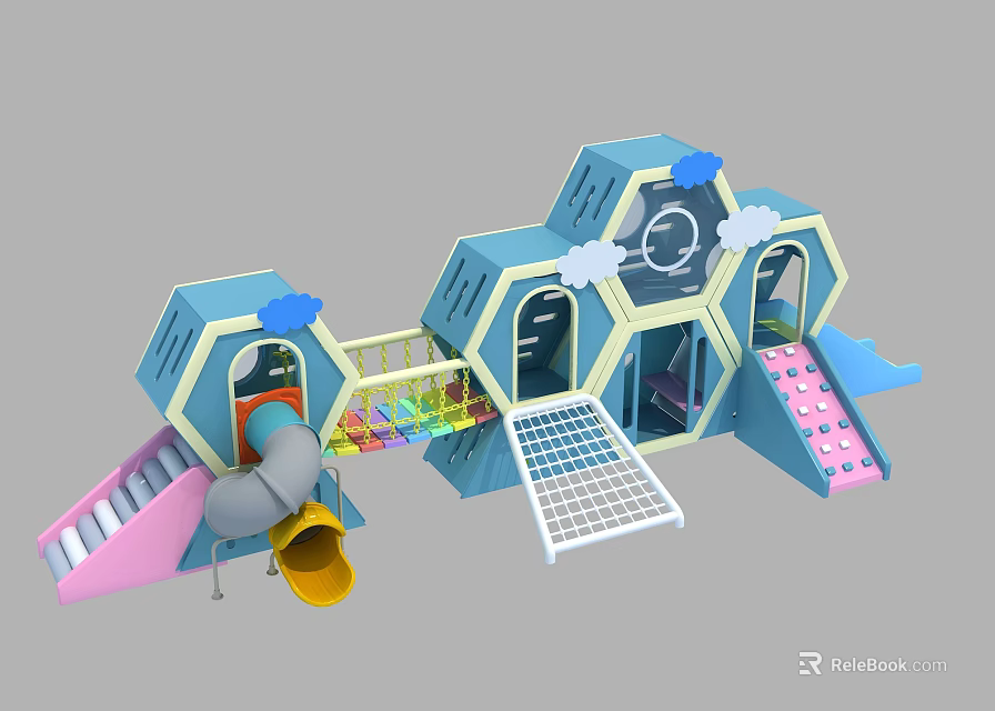 Colorful Children Playground Equipment With Blue Hexagonal Structure Slides Grid Climbing Net And Pink Steps 3d model 